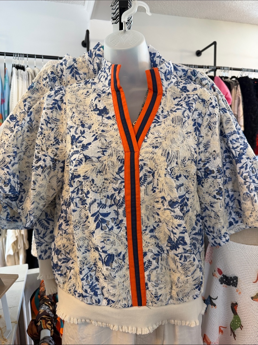 Blue Floral Lace Zip-Front Women’s Blouse with Orange Trim